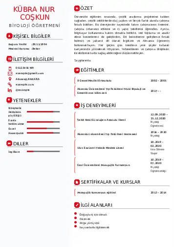 Biyoloji Öğretmeni CV Örnekleri cv indir